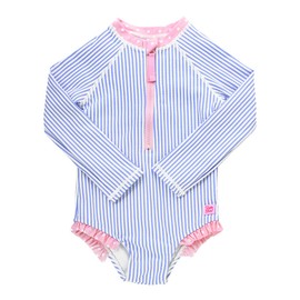 RuffleButts® Girls Long Sleeve One Piece Swimsuit - Periwinkle Blue Seersucker with UPF 50+ Sun Protection - 2T