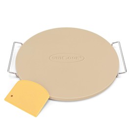 Unicook 15 Inch Round Pizza Stone for Oven and Grill, Oven Baking Stone for Bread, Cordierite Pizza Pan for Baking Crispy Pizzas, Bread and Cookies, Includes Carry Rack and Pizza Dough Scraper