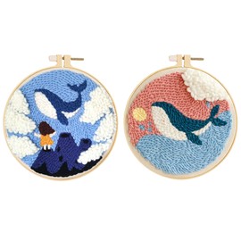 Huacan Punch Needle Embroidery Starter Kits for Adults Beginners 2 Pcs, Include Instructions, Punch Needle Fabric with Dolphin Pattern, Yarns, Embroidery Hoops and Threader Tools