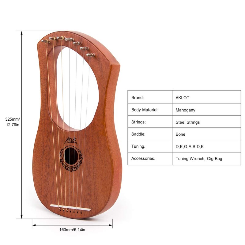 AKLOT Lyre Harp, 7 Metal String Bone Saddle Mahogany Lye