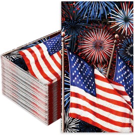 Whaline 100Pcs Patriotic Guest Napkins Fireworks American Flag Disposable Napkins 4th of July Dinner Hand Napkin Towel for Independence Day Memorial Day Party Supplies