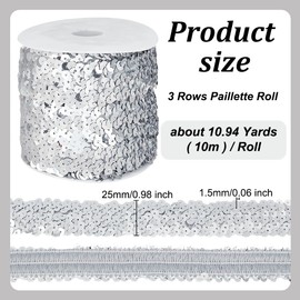 OLYCRAFT 10M Elastic Sequin Trim Metallic Stretch Sequin Trim 3-Row Fabric Paillette Ribbon Trim for Dress Embellish and Headband - Silver