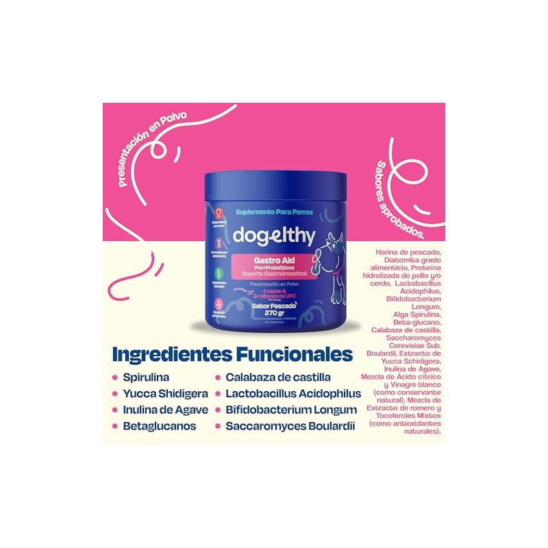Dogelthy Gastro Aid. Pre + Probioticos con +3 Billones de