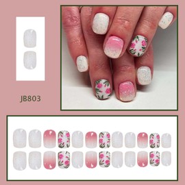Short Press on Nails Glitter Square Fake Nails Spring Pink Flower False Nails Glue on Nails Glossy Pink White Gradient Acrylic Nails Summer Rose Floral Designs Short Nails 24Pcs Nails Press ons