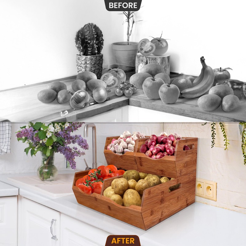 [Upgraded] 2-tier Stackable Bamboo Pantry Storage Bins, Potato and Onion