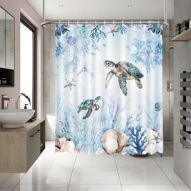 APROPHIC Shower Curtain Blue Summer Ocean 180 x 180 cm, Shower Blind, Sea Animals, Turtle Coral Star Conch Shower Curtain Set, Polyester Waterproof Bathroom Decoration with 12 Hooks