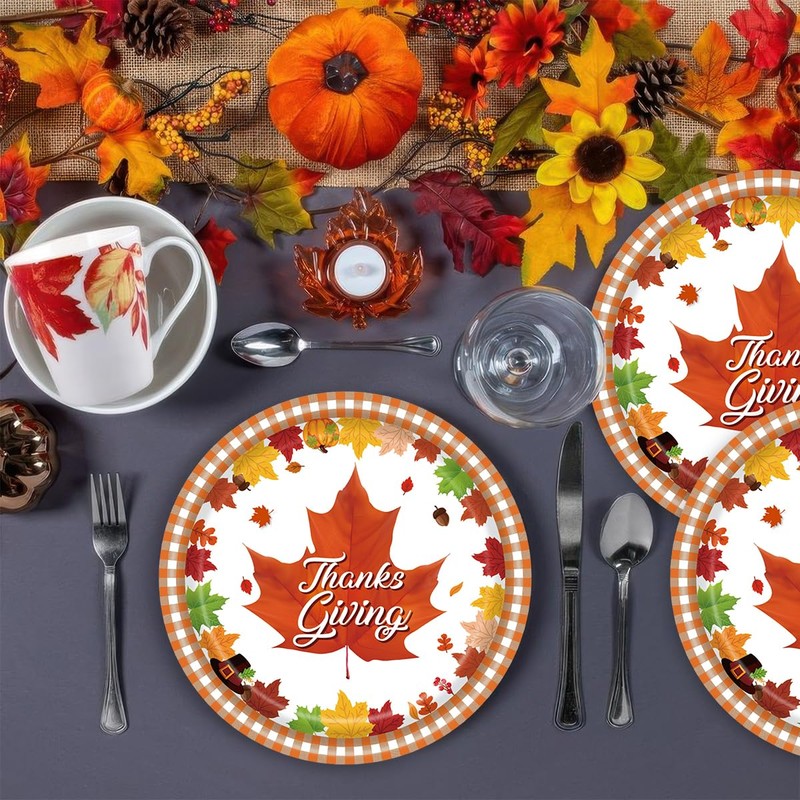 Thanksgiving Fall Paper Plates 7" Autumn Maple Leaf Print Disposable