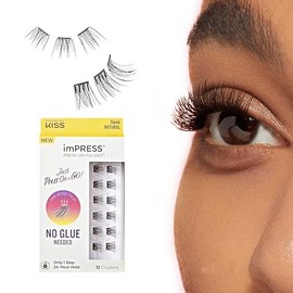 imPRESS KISS imPRESS False Eyelashes, Lash Clusters, Falsies, Sleek Natural', 12mm-14mm, Includes 12 pieces of pre-bonded lashes, Contact Lens Friendly, Easy to Apply, Reusable Strip Lashes
