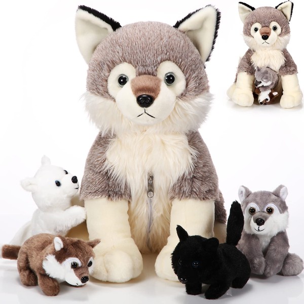 Honoson 5 Pcs Wolf Plush Set 14 Inch Mommy Wolf Stuffed Animal with 4 Cute Baby Wolves in Her Zippered Tummy Soft Cuddly Wolf Plushie for Boys Girls Birthday Party Favors Gifts
