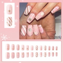 Christmas Press on Nails Medium Square Fake Nails with Gold Glitter Checkered Snowflake Design Pink Winter Holiday Acrylic False Nails Artificial Full Cover Glue on Nails for Women & Girls 24 Pcs