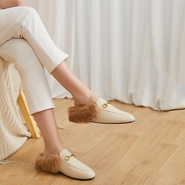 Vertundy Beige Women's Mules Slip On Backless Leather Shoes for Girls Lady Work Slides White Fur Mules