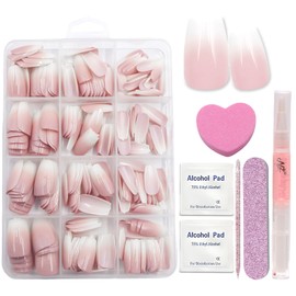 Virellay 240 Pcs Press On Nails - Nude Gradient Artificial Fingernails (Coffin Pink Gradient, 240 Pieces)