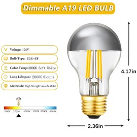 HOMOSUM Dimmable Half Chrome Light Bulb, 6W Equivalent 60W,E26 A19 Silver Dipped Bulb, Anti Glare LED Light Bulbs, A60 3000K Soft White Light Bulbs, AC120V,Pack of 4