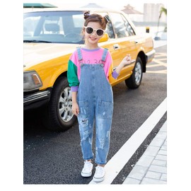 Yao 3-14Years Girls Jumpsuit&Rompers Bib Overalls Adjustable Distressed Denim Jeans(Basic,4-5y)