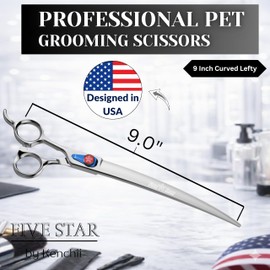 Kenchii Five Star Offset Lefty Professional Dog Grooming Shears, 9 Inch Curved Shears, Light Weight, Heavy Duty Pet Grooming Scissor for Dogs, Cats
