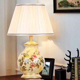 CEKUXPS 20.4" Chinoiserie LED Table Lamp, American Flower and Bird Ceramic Chinoiserie Table Lamp, Yellow Fabric Shade with Hardware Base Round Bedside Lamp Bedroom Study Hotel Home Decoration