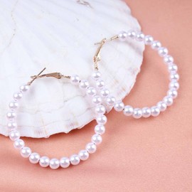 Yienate Gold Pearl Hoop Drop Earrings Boho Pearl Circle Hoop Dangle Earrings Pearl Beaded Hoop Wedding Earrings Baroque Statement Earrings Jewelry for Women and Girls