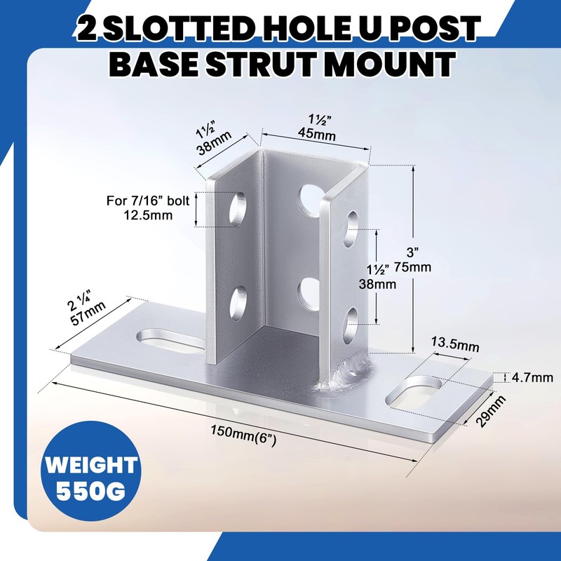 Blulu 8 Pcs 2 Slotted Hole U Post Base Strut