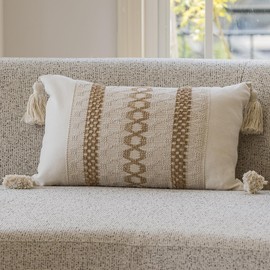 vctops Boho Cotton Linen Decorative Throw Pillow Covers with Tassels 12x20 Inch Soft Farmhouse Neutral Stripe Pillow Covers Accent Macrame Woven Tan Cushion Case for Couch Sofa Car (Type A,12"x20")