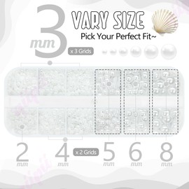 qiipii 2mm-8mm ﻿Pure White Flatback Pearls Nail Charms Gems Half Round Beads w Pickup Pencil & Tweezer for Nail Art Face Eyes Makeup Tumblers Bottles DIY Crafting Bedazzling Scrapbooking Clothes Shoes