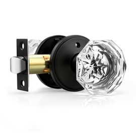 Gobrico Crystal Glass Door Knob for Bedroom Bathroom with Classic Rosette Matte Black,Clear Diamond Octagonal Interior Door Knobs Lock 1 Pack