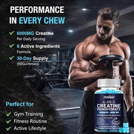 Creatine Gummies 6000mg, Creatine Monohydrate for Men & Women, Pre/Post Gym Workout Support for Muscle Strength, Performance, Recvovery, with BCAAs, L-Theanine, L-Carnitine, Bluerry Flavor, 180Counts