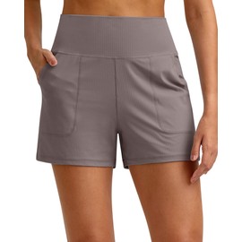 G4Free Athletic Shorts for Women Trendy Summer High Waisted Running Shorts Stretchy Active Sports Shorts with Pockets (Taupe, M)