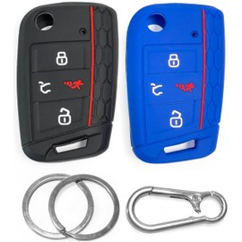 2-pcs Silicone Key Fob Covers Kit for VW Golf 7, Tiguan, Polo, Jetta, Passat, Atlas & Skoda Octavia, Superb, Kodiaq Cars Remote Key Protectors by Click&Fit Accessories, Black&Blue