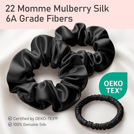Litbear Silk Hair Scrunchies, 100% Mulberry Silk Hair Ties No Damage for Women Girl, Silky Ponytail Holder for All Hair Type, Frizz-Free Stylish Hair Accessories (Black)