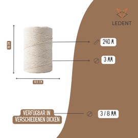 Ledent Macrame Yarn (3 mm, 240 m, Natural) Simply Twisted - Rope Yarn for Macrame Made from 100% Recycled Cotton Yarn - Thick Macrame Yarn in Natural Colour for Crafts