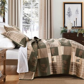 Finlonte Quilts Queen Size, 100% Cotton Cabin Queen Quilt, Lodge Cabin Farmhouse Queen Comforter Sets, Lightweight Reversible Qulted Bedspread Set for All Seasons, Brown/Grayish Green/Beige