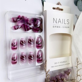 Marble Press on Nails Medium Square Fake Nails Wine Red Full Cover Mirror Purple False Nails with Design Upgrade Glossy Glue on Nails Acrylic Nails Artificial Nails for Women Girls Manicure 24Pcs