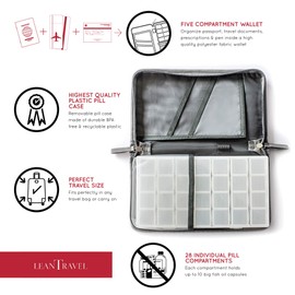LeanTravel Pill Case Organizer for Travel with Passport Wallet, Color Grey, Size Extra Large for 7 to 28 Day Travel
