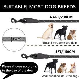Rope Dog Lead with Soft Padded Handle and Carabiner Clip, Training Lead for Dogs Reflective Dog Lead and Multi-Colour for Puppy, Small, Medium, Large Dog (Black, 150 * 1.2 cm)