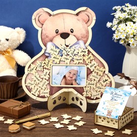 Wenqik 63 Pcs Bear Baby Shower Guest Book Alternatives Set Baby Shower Decorations with Photo Frame Sonogram Frame Keepsake 60 Wood Slices Guest Book for Birthday