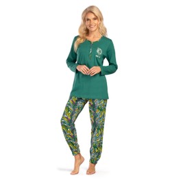 DW528B Women's Long Sleeve Cotton Button Down Pyjamas, Green