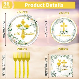 Rakuto Baptism Plates and Napkins Set, Mi Bautizo Disposable Party Decor, Sage First Holy Communion for Christening Celebration Baby Shower Religious Church