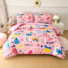 MWMWMW Pink Girls Queen Comforter Set, 5 Pcs Girls Queen Bed in a Bag, Rainbow Dinosaur Pink Girls Queen Size Bedding Set, Kids Bedding Sets for Girls with Sheets for All Season