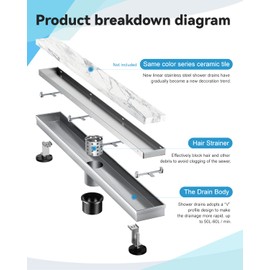 HTOH Shower Drain, 2 in 1 Linear Shower Drain 24 Inch(Brushed Nickel), 304 Stainless Steel Shower Floor Drain with Tile Insert Grate,Adjustable Feet,Hair Filter