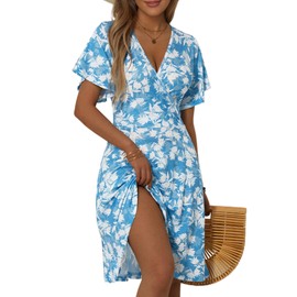FENSACE Summer Dresses for Women Knee Length Tropical Short Hawaiian Dress(Blue White Floral-52,Small)