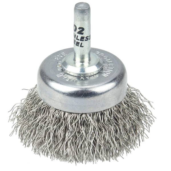 Weiler 14304 1-3/4" Crimped Wire Utility Cup Brush, .0118" Stainless Steel Fill, 1/4" Stem, Made in the USA