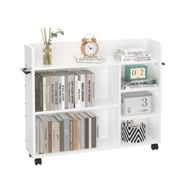 VECELO Book Cart, Wood Rolling Library Book Truck with Lockable Wheels and Adjustable Shelves, for Home Office, White