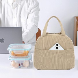Corduroy Lunch Box for Women Girls, Cooler Lunch Bags Reusable Insulated Lunchbox for Picnic School Work Travel (Brown)