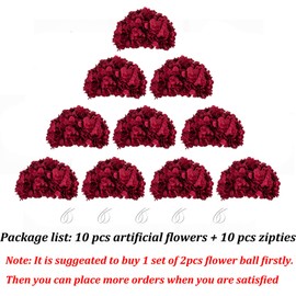 BLOSMON Hydrangea Artificial Flowers Ball Centerpieces 10 Pcs Burgundy Fake Flowers Silk Hydrangea Flower Balls Faux Hydrangeas Floral Arrangements Bouquet for Wedding Home Room Table Decoration