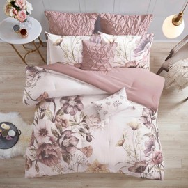 Madison Park Floral California King Comforter Set, Cotton Rich Bedding Set Feminine Design Shabby Chic Cal King Size Comforter Sets, All Season Bed Cover, Shams, Bed Skirt, Décor Pillow, Blush 8 Piece