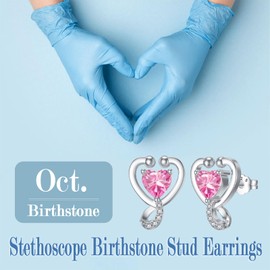 NFYBD Stethoscope Heart Stud Earrings for Women 925 Sterling Silver 12 Months Birthstone Doctor Nurse Medical Earring Jewelry RN Registered Student Graduation Retirement Nurse Week Gifts-10