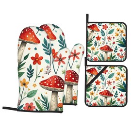 Oven Mitts and Hot Pads Set - Mushroom Design, Heat Resistant Cute Pot Holders for Kitchen, Baking Gifts for Women