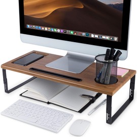 Kavalan Monitor Stand Riser Organizer, Height Adjustable Metal and Wood Desk Organizer with Phone Tablet Holder, Supports Heaviest Monitor, Printer, Laptop, Computer Screen, Wood Color