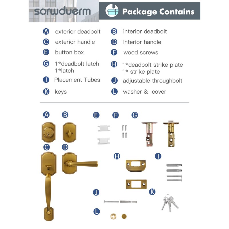 SORWDUERM 1 Pack Antique Brass Front Door Handle and Deadbolt
