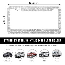 Ohleats Car License Plate Frame, Sparkling Stainless Steel License Plate Frame, Bling Diamond License Plate Holder Cover for Women Men, Universal Exterior Car Accessories (White)